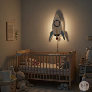 Lampka LED kolorowa rakieta drewniana nocna lampka na scianie przykladowa aranzacja symulacja