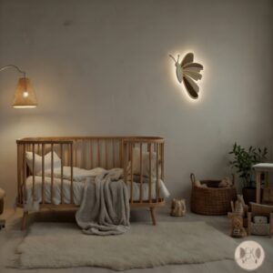 motyl na ścianie z wymiarem 37cm na 29cm świeci się pod wieczór w pokoju