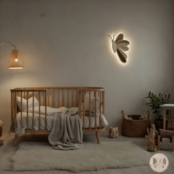 motyl na ścianie z wymiarem 37cm na 29cm świeci się pod wieczór w pokoju
